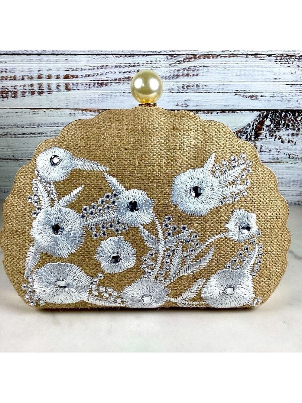 Haute Hippie Beach bag Tan Gold Floral Clutch Wristlet rhinestones embroidered - Picture 3 of 11